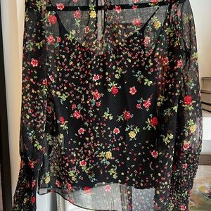 Bailey 44 Black Sheer Floral Blouse with Red and Yellow Blooms